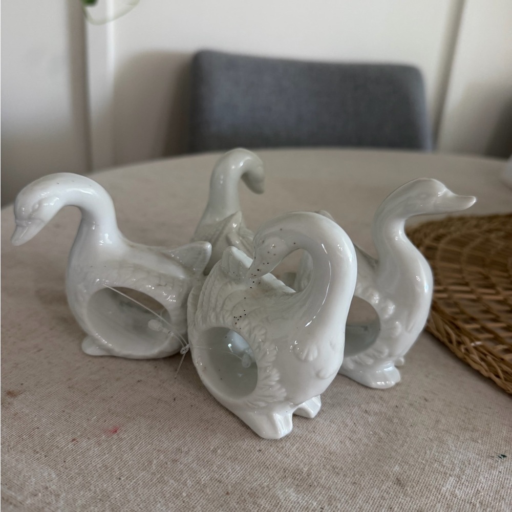 Vintage Swan Napkin Ring Set Of 4 White Porcelain Cottage Core French Country